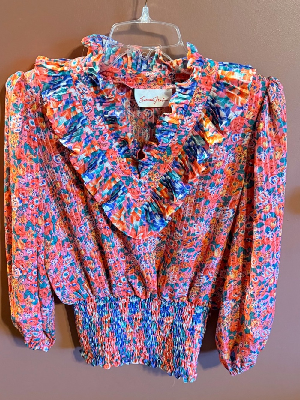 Susan Freis 1980s Coral Floral Ruffle Smocked Waist Blouse Small